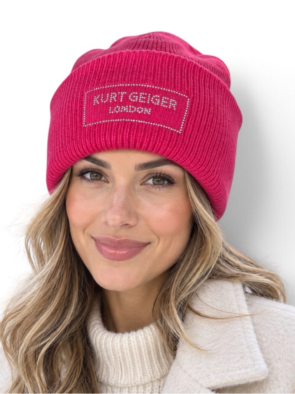 Kurt Geiger London Hot Pink Crystal Logo Cuffed Ribbed Beanie NWOT